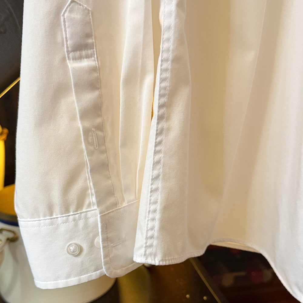 Women's Button-down Ruffle-Collar Blouse with Navy Trim - Picture 2 of 5
